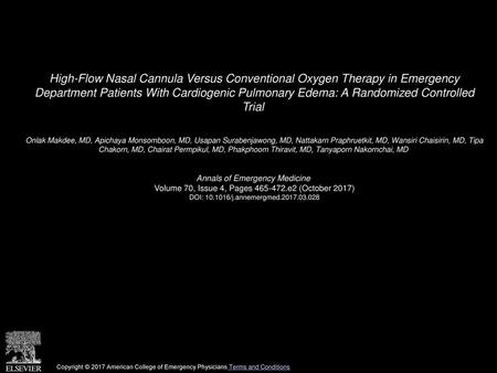 High-Flow Nasal Cannula Versus Conventional Oxygen Therapy in Emergency Department Patients With Cardiogenic Pulmonary Edema: A Randomized Controlled.