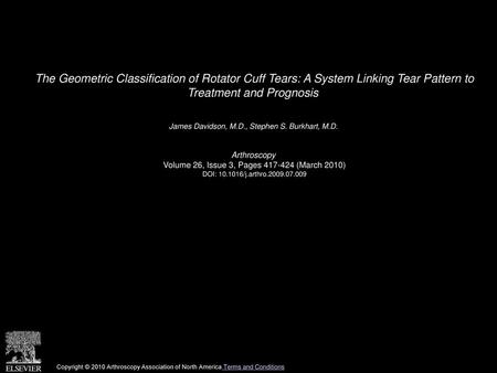 The Geometric Classification of Rotator Cuff Tears: A System Linking Tear Pattern to Treatment and Prognosis  James Davidson, M.D., Stephen S. Burkhart,