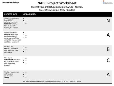 Impact Workshop NABC Project Worksheet Present your project idea using the NABC - format. Present your idea in three minutes! PROJECT IDEA 