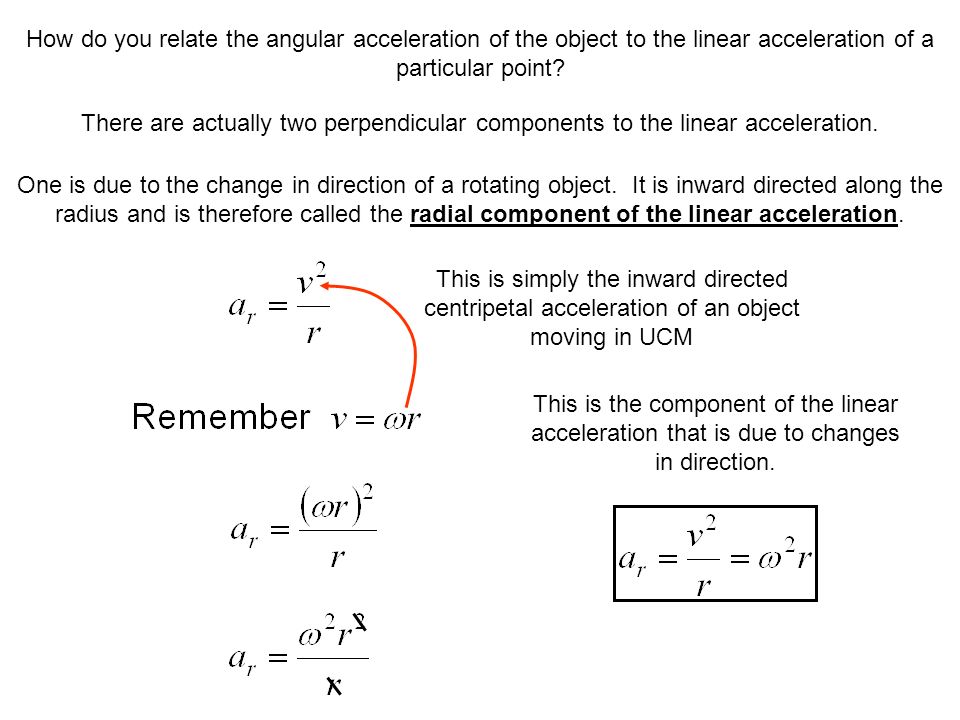 How do you relate the angular acceleration of the object to the linear  acceleration of a particular point? There are actually two perpendicular  components. - ppt video online download