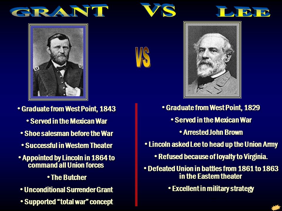 Grant vs Lee Graduate from West Point, 1843 Served in the Mexican War Shoe  salesman before the War Successful in Western Theater Appointed by Lincoln  in. - ppt download