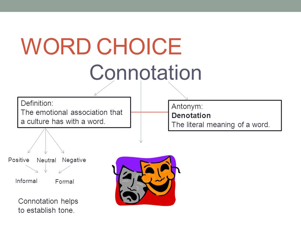 WORD CHOICE Connotation Definition: The emotional association that a  culture has with a word. Antonym: Denotation The literal meaning of a word.  PositiveNegative. - ppt download