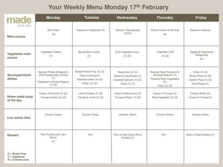 Your Weekly Menu Monday 17th February