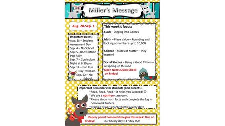 Miller’s Message Aug. 28-Sep. 1 This week’s focus: