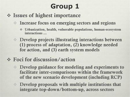 Group 1 Issues of highest importance Foci for discussion/action