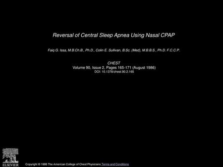 Reversal of Central Sleep Apnea Using Nasal CPAP
