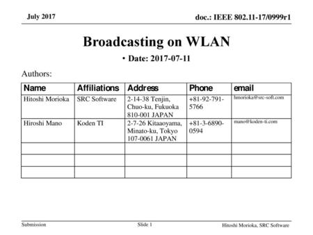 Broadcasting on WLAN Date: Authors: July 2017