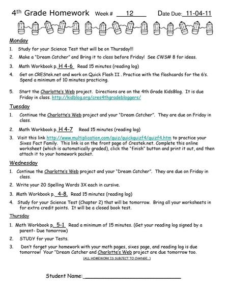 4th Grade Homework Week # 12 Date Due: