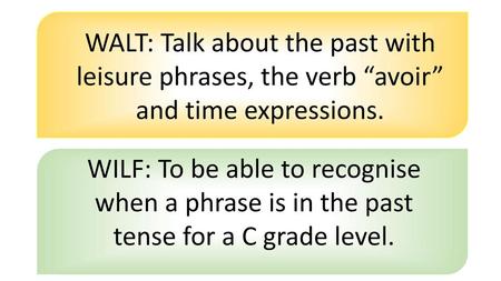 WALT: Talk about the past with leisure phrases, the verb “avoir” and time expressions. WILF: To be able to recognise when a phrase is in the past tense.