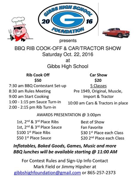 BBQ RIB COOK-OFF & CAR/TRACTOR SHOW Saturday Oct. 22, 2016 at