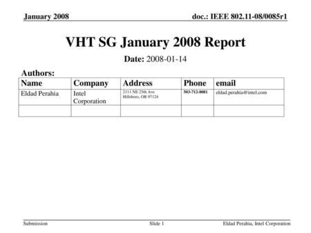 VHT SG January 2008 Report Date: Authors: January 2008
