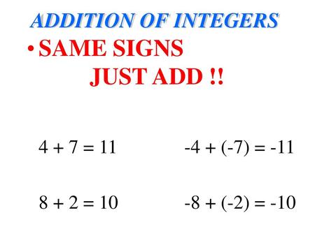 SAME SIGNS JUST ADD !! ADDITION OF INTEGERS = (-2) = -10