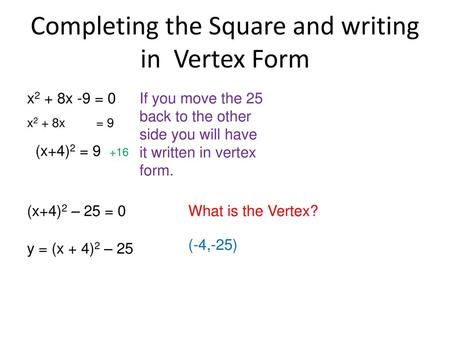 Completing the Square and writing in Vertex Form