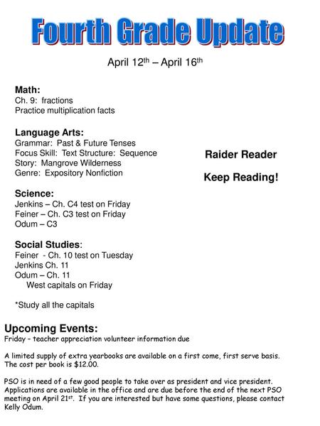 Fourth Grade Update April 12th – April 16th Raider Reader