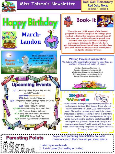 Book- It March- Landon Miss Talsma’s Newsletter Upcoming Events