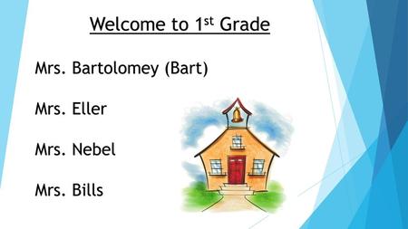 Welcome to 1st Grade Mrs. Bartolomey (Bart) Mrs. Eller Mrs. Nebel