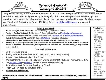 Room A-5 Homework January 16-20, 2017