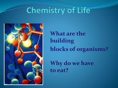 What are the building blocks of organisms? Why do we have to eat?