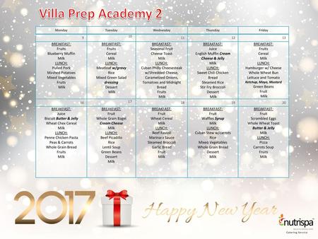 Villa Prep Academy 2 BREAKFAST: Fruits Blueberry Muffin Milk LUNCH: