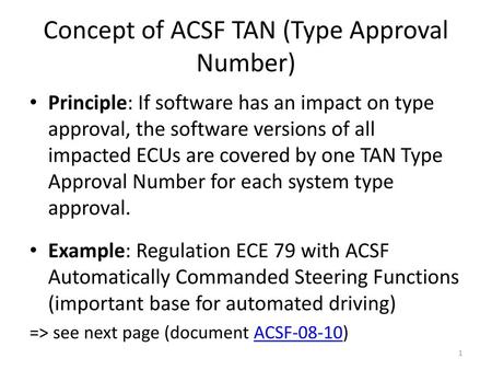 Concept of ACSF TAN (Type Approval Number)