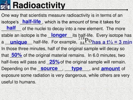 Radioactivity half-life half longer unique has a t½ = 3 min 50% 25%