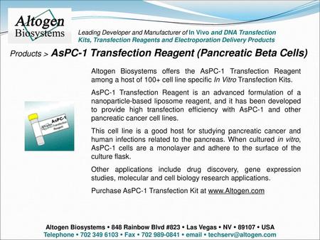 Products > AsPC-1 Transfection Reagent (Pancreatic Beta Cells)