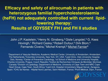 Efficacy and safety of alirocumab in patients with heterozygous familial hypercholesterolaemia (heFH) not adequately controlled with current lipid-lowering.