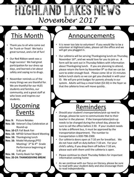 November 2017 This Month Announcements Upcoming Events Reminders