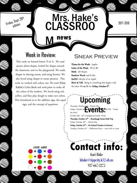 Mrs. Hake’s Friday, Sept. 29th edition CLASSROOM  news Week in Review: