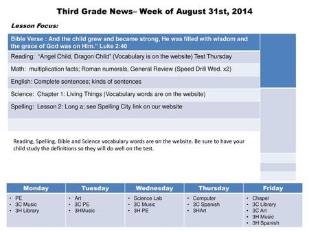 Third Grade News– Week of August 31st, 2014