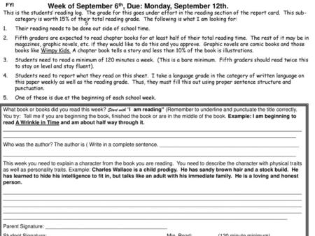 Week of September 6th, Due: Monday, September 12th.