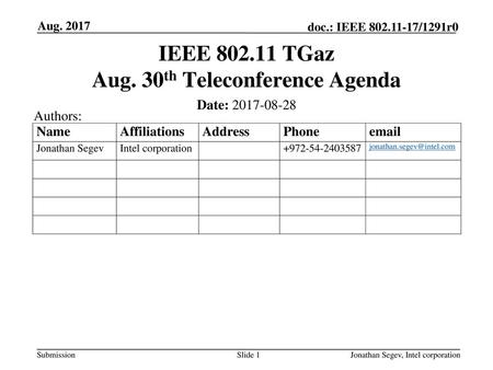 IEEE TGaz Aug. 30th Teleconference Agenda