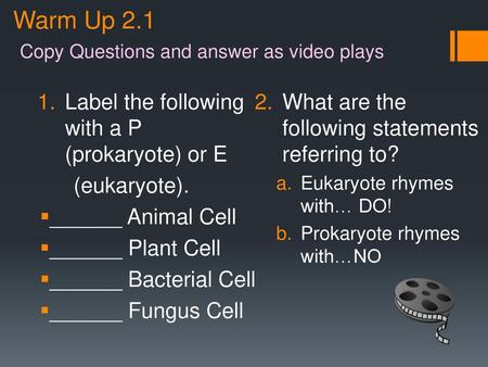 Warm Up 2.1 Copy Questions and answer as video plays