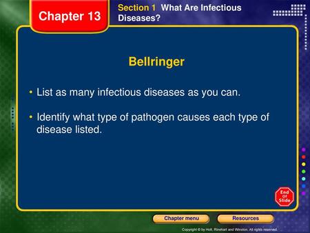 Chapter 13 Bellringer List as many infectious diseases as you can.