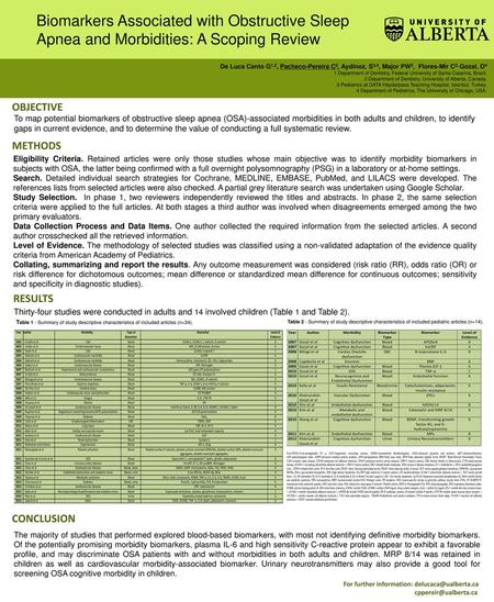 Biomarkers Associated with Obstructive Sleep Apnea and Morbidities: A Scoping Review De Luca Canto G1,2, Pacheco-Pereira C2, Aydinoz, S3,4, Major PW2, 