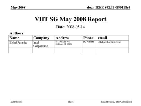 VHT SG May 2008 Report Date: Authors: May 2008 April 2007