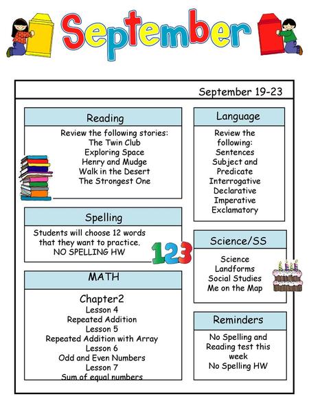 September Language Reading Spelling Science/SS MATH Chapter2