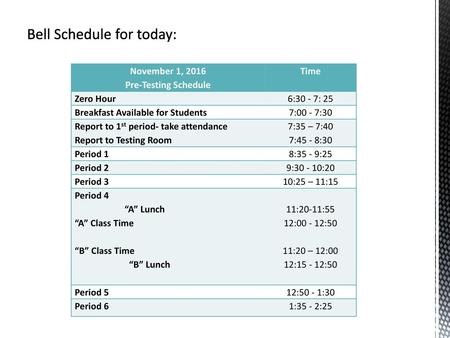 Bell Schedule for today: