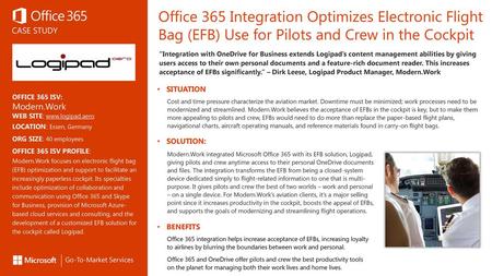 Office 365 Integration Optimizes Electronic Flight Bag (EFB) Use for Pilots and Crew in the Cockpit Partner Logo “Integration with OneDrive for Business.