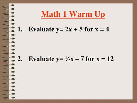 Math 1 Warm Up Evaluate y= 2x + 5 for x = 4