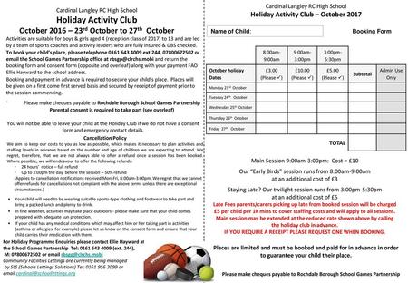 Holiday Activity Club October 2016 – 23rd October to 27th October