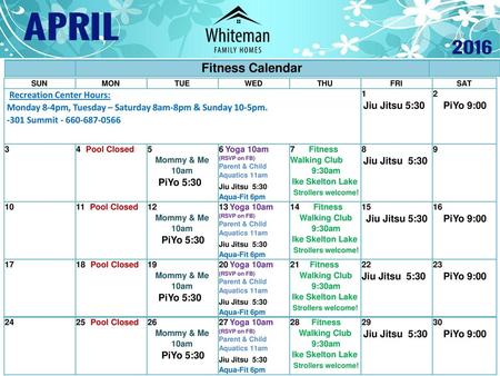 Fitness Calendar SUN MON TUE WED THU FRI SAT   Recreation Center Hours: