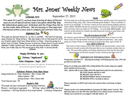 Mrs. Jones’ Weekly News September 27, 2013