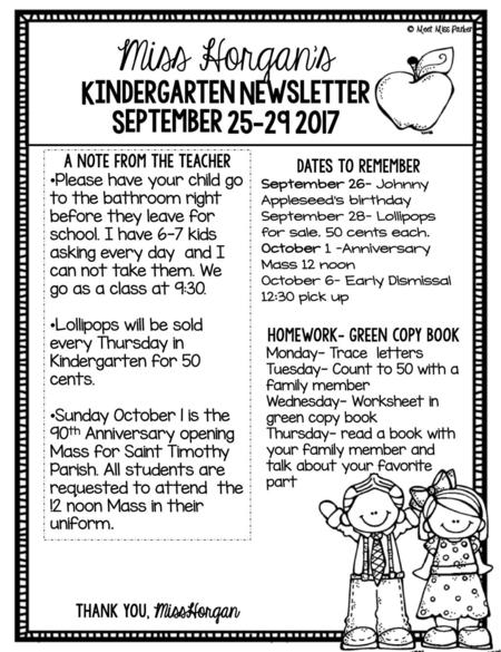Miss Horgan’s Kindergarten Newsletter September