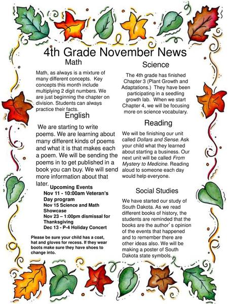 4th Grade November News Math Science English Reading  Social Studies