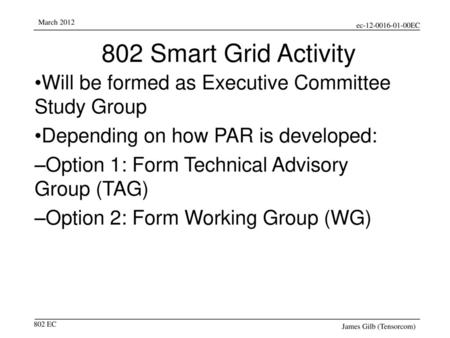 2018/7/29 802 Smart Grid Activity Will be formed as Executive Committee Study Group Depending on how PAR is developed: Option 1: Form Technical Advisory.