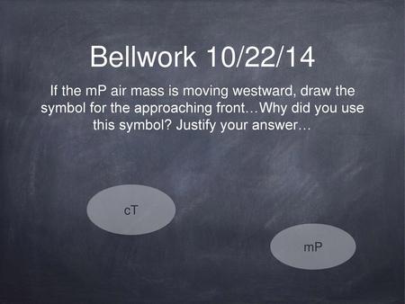 Bellwork 10/22/14 If the mP air mass is moving westward, draw the symbol for the approaching front…Why did you use this symbol? Justify your answer… cT.
