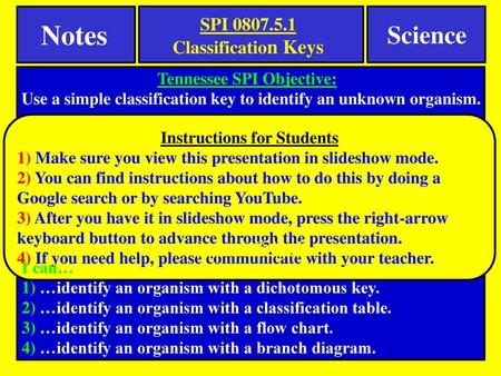 Notes Science SPI Classification Keys