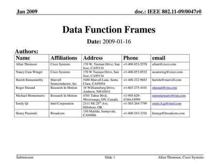 Data Function Frames Date: Authors: Jan 2009 Month Year