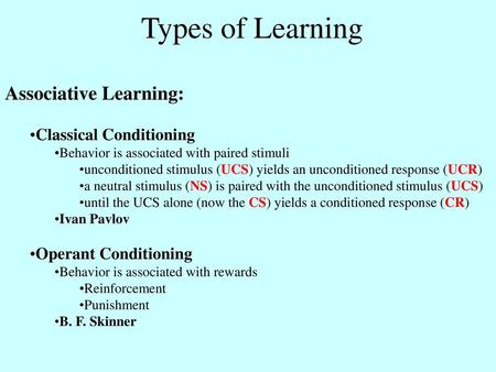 Types of Learning Associative Learning: Classical Conditioning
